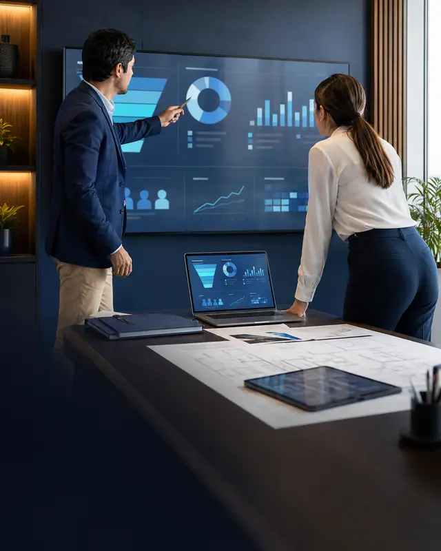 Equipo revisando indicadores de gestión comercial inmobiliaria