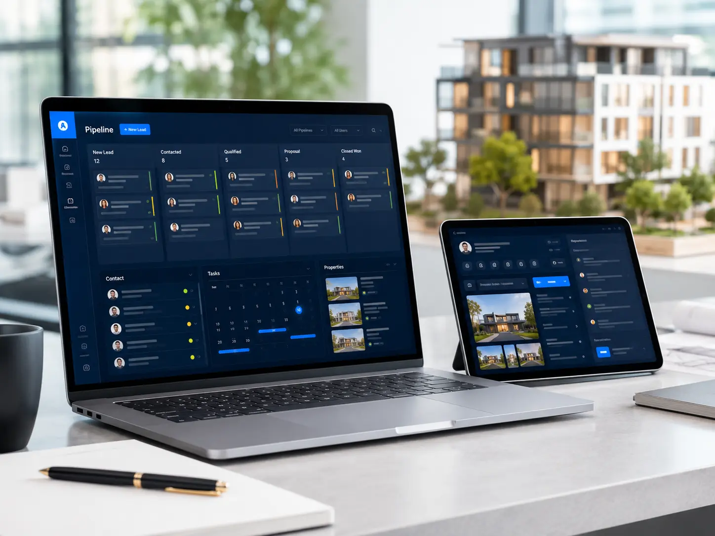 Plataforma de seguimiento comercial inmobiliario en laptop y tableta